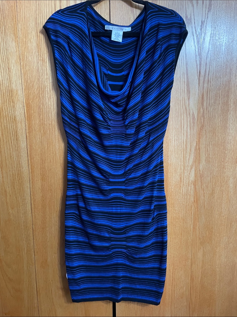 Max Studio Blue and Black Striped Cowl Neck Mini Dress